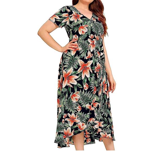 City Chic 2XL Tropical Hawaiian Wrap Dress Maxi Green Blue Pink PLUS SIZE 18 - Picture 3 of 7